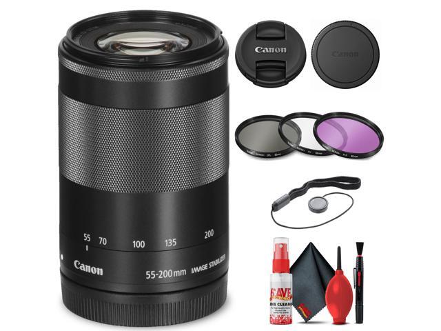 Canon EF-M 55-200mm f/4.5-6.3 IS STM Lens (Black) (9517B002) + Filter Kit Base Bundle (International Version)