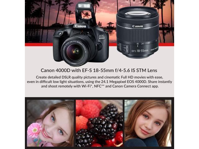 Canon EOS 4000D DSLR Camera and EF-S 18-55 mm f/3.5-5.6 Lens (International Version) (No Warranty) + 32GB Memory Card + Camera Bag + MiniTripod
