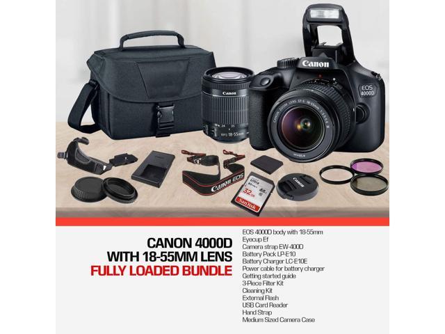 Canon EOS 4000D DSLR Camera and EF-S 18-55 mm f/3.5-5.6 Lens (International Version) (No Warranty) + 32GB Memory Card + Camera Bag + MiniTripod