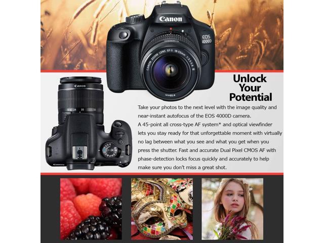 Canon EOS 4000D DSLR Camera and EF-S 18-55 mm f/3.5-5.6 Lens (International Version) (No Warranty) + 32GB Memory Card + Camera Bag + MiniTripod