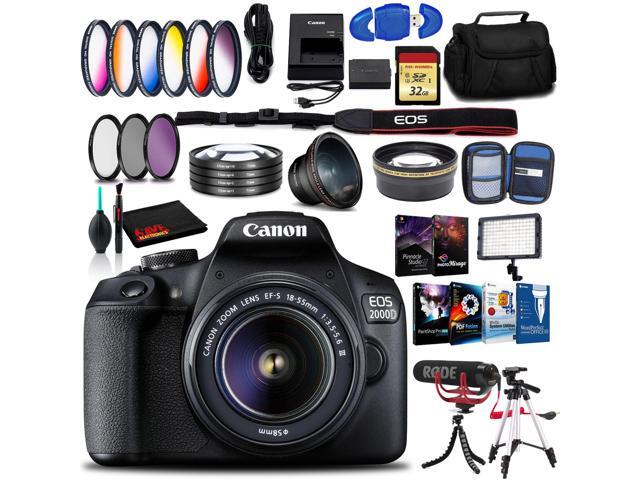 Canon EOS 2000D DSLR Camera with EF-S 18-55 mm f/3.5-5.6 III Lens (Intl Model) with Memory Kit, Mic, LED Light, and More
