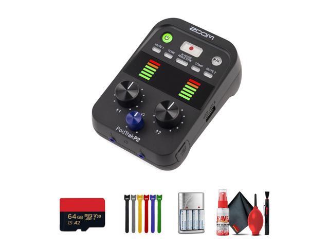 Zoom PodTrak P2 Dual USB Mic Recorder for Podcasters, 4xAA WITH CHARGER, Bundle