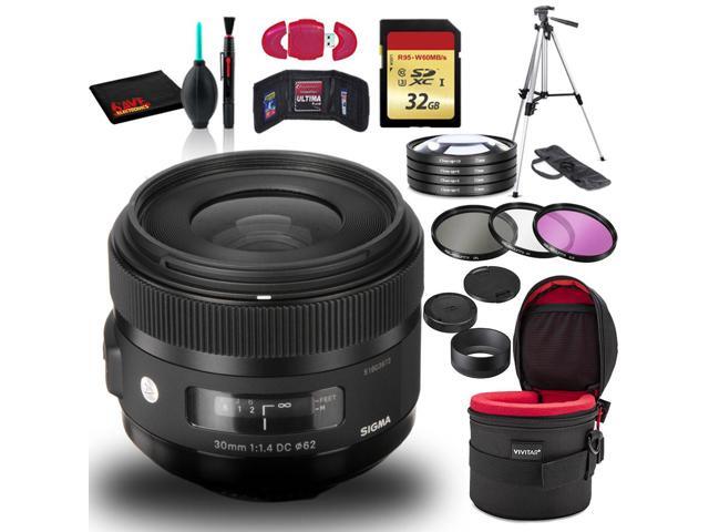 Sigma 30mm f/1.4 DC HSM Art Lens for Nikon F with Cleaning Kit, Tripod, 32GB Memory, USB Card Reader, Filters, and Case Bundle