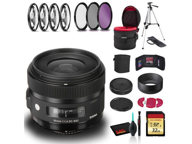 Sigma 30mm f/1.4 DC HSM Art Lens for Nikon F with Cleaning Kit, 57' Tripod, 32GB Memory Kit, Filter Kits, and Lens Case Bundle
