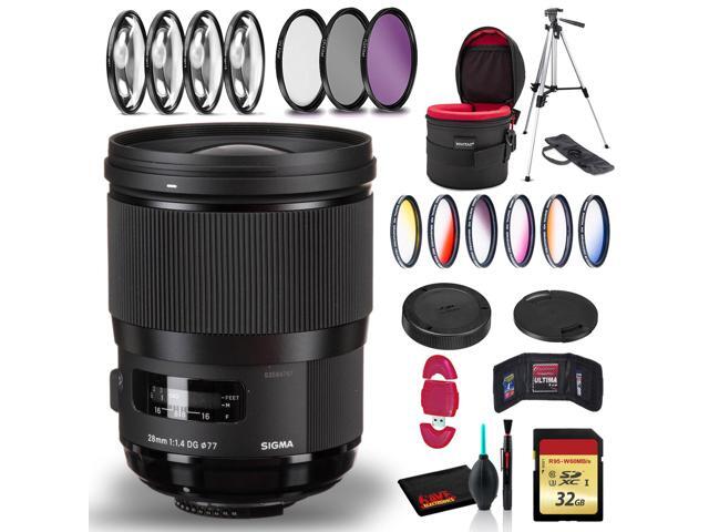Sigma 28mm f/1.4 DG HSM Art Lens for Nikon F with Cleaning Kit, Full Size Tripod, 32GB Memory Kit, Filter Kits, and Case Bundle