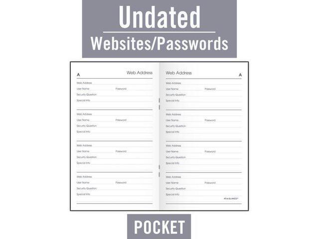 AT-A-GLANCE Website Address Book Password Keeper 200 Entries Black 3 12 x 6 -