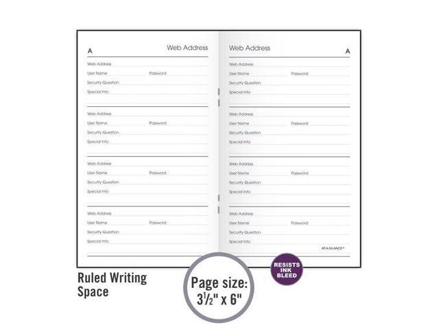 AT-A-GLANCE Website Address Book Password Keeper 200 Entries Black 3 12 x 6 -