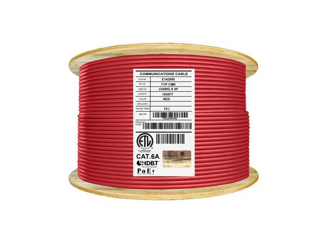 Elite Cat6a Shielded Riser (CMR), 1000ft, 650MHz, 23AWG, F/UTP, Solid Pure Copper, Rated 10G, Bulk Ethernet Cable Reel, Red