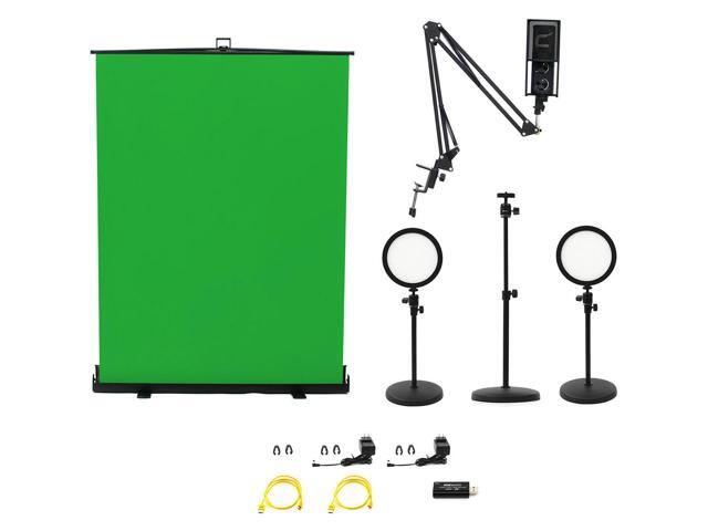 Ikan Homestream Video Kit #4 with 2x Desktop Lights, Pull-Up Green Screen & Podcast Microphone