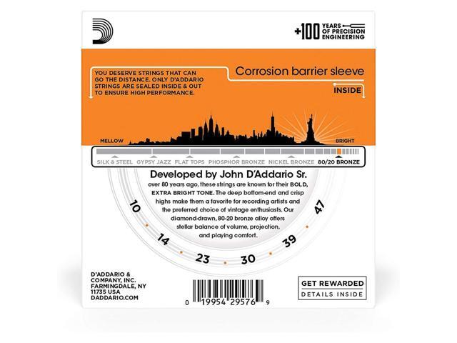 D'Addario EJ10 80/20 Bronze Acoustic Guitar Strings Set, Extra Light, 10-47 Gauge, 3-Pack