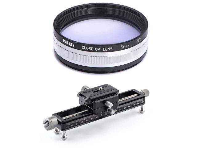 nisi close-up lens kit nc 58mm with 49 & 52mm adapters with nisi nm-180 macro focusing rail with 360 degree rotating clamp