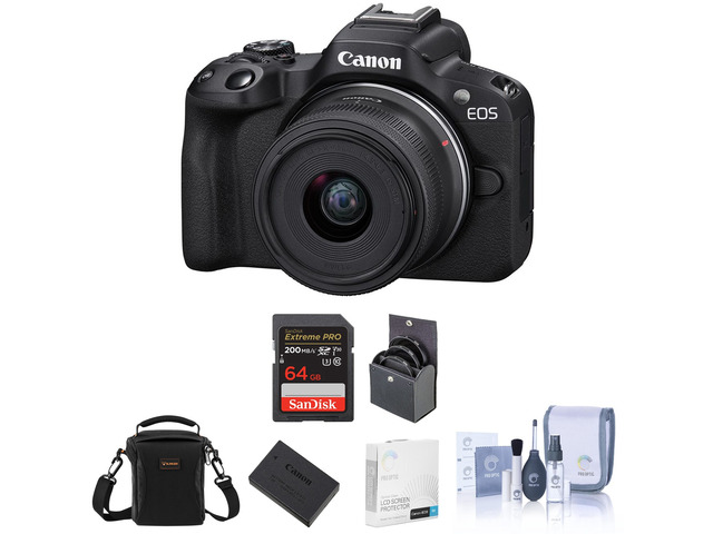 Canon EOS R50 Camera, Black with RF-S 18-45mm f/4.5-6.3 Lens and Essentials Kit