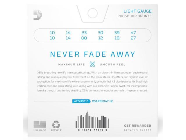 D'Addario Phosphor Bronze Acoustic Guitar Strings, Light, 10-47 Gauge, Set of 12 Strings
