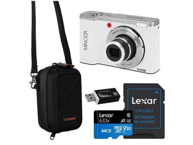 Minolta MNB5Z 56MP 5K Ultra HD 2.8' LCD Screen Digital Camera, White, Bundle with Camera Case, 64GB Memory Card, Multi Card Reader