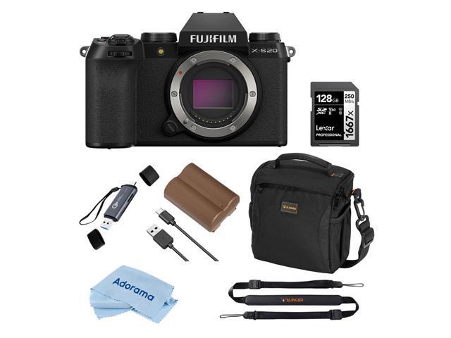 Fujifilm X-S20 Mirrorless Camera, Black, Bundle with 128GB Memory Card and Li-Ion Battery, OTG Card Reader and Shoulder Bag