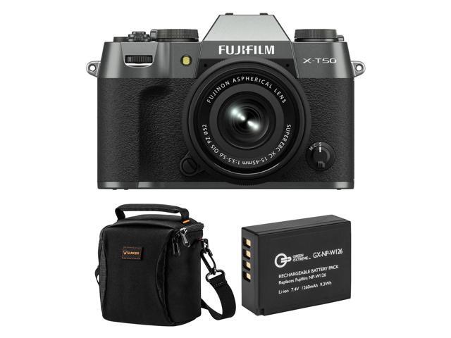 Fujifilm X-T50 Mirrorless Camera, Charcoal Silver with XC 15-45mm f/3.5-5.6 OIS PZ Lens, Bundle with 64GB SDXC Memory Card, Alpine 120 Shoulder Bag