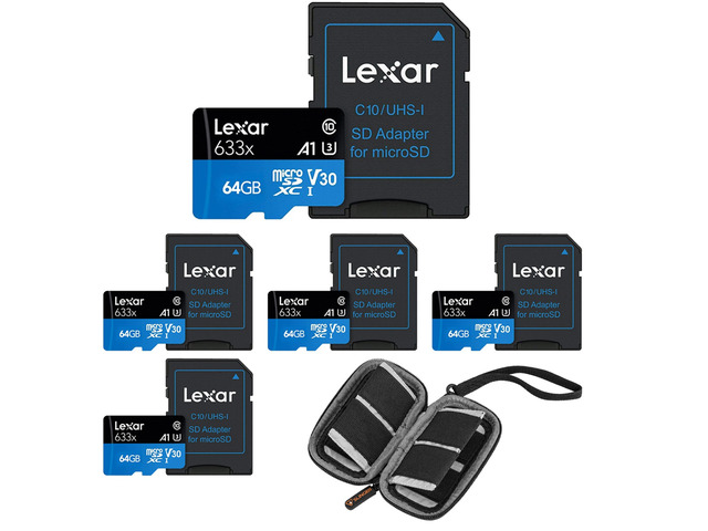 Lexar BLUE 64GB UHS-I microSDHC Memory Card w/SD Adapter 5-PACK + SD Card Wallet
