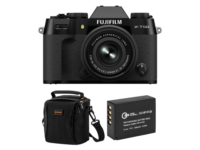 Fujifilm X-T50 Mirrorless Camera, Black with XC 15-45mm f/3.5-5.6 OIS PZ Lens, Bundle with Battery Pack, Alpine 120 Shoulder Bag