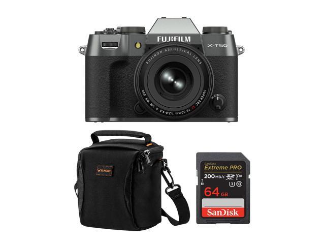 Fujifilm X-T50 Mirrorless Camera, Charcoal Silver with XF 16-50mm f/2.8-4.8 R LM WR Lens, Bundle with 64GB SDXC Memory Card, Alpine 120 Shoulder Bag