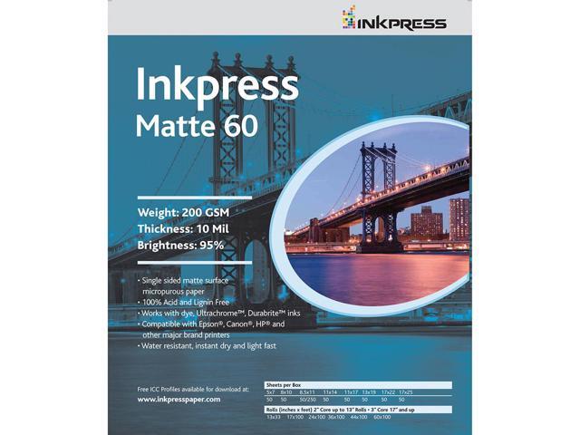Inkpress Matte 60 Single Sided Bright White Inkjet Paper, 10 mil., 200gsm., 11x17', 50 Sheets