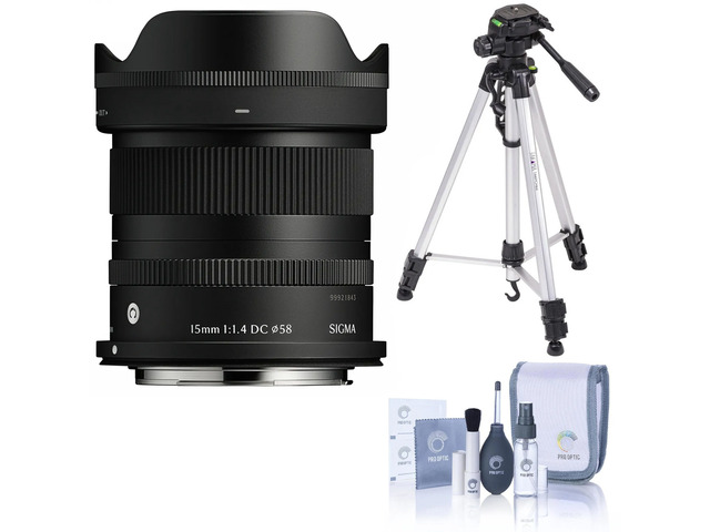 Sigma 15mm f/1.4 DC Contemporary Lens for Canon RF, Bundle with 3-Section Aluminum Tripod with 3-Way Head and Cleaning Kit