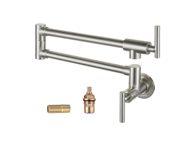 Pot Filler Faucet Brushed Nickel, Brass Pot Filler Wall Mount Kitchen Stove Faucet with Double Joint Swing Arms