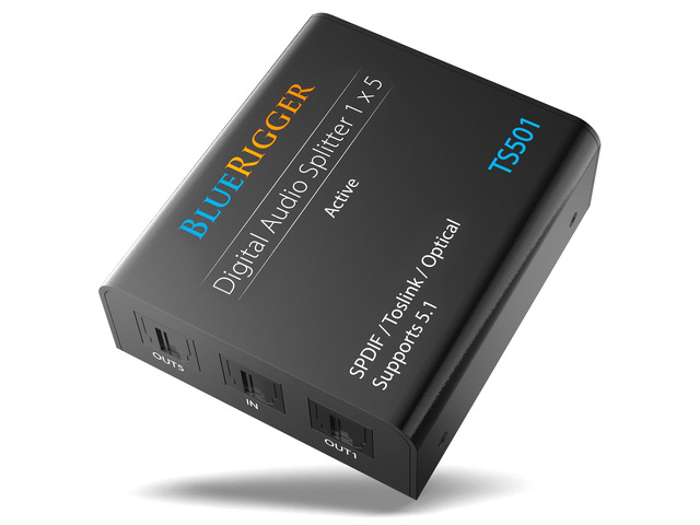 Digital Optical Audio Splitter (1x5 Active Toslink Splitter) Powered Digital Optical Splitter 1 In 5 Out (LPCM2.0, Dolby Digital, DTS 5.1) for Home...