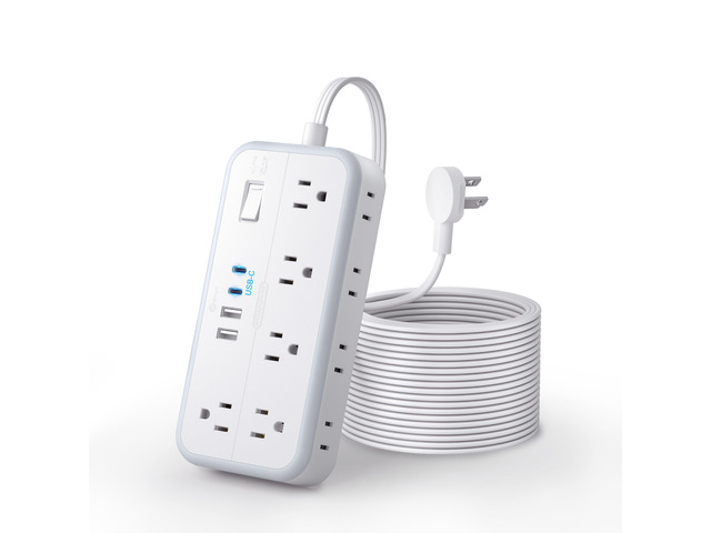 Flat Extension Cord 15 FT, Long Power Strip with 10 Widely Outlets 4 USB Ports (2 USB C), 3 Side, 2700J, Wall Mount Multiple Outlets for Home...