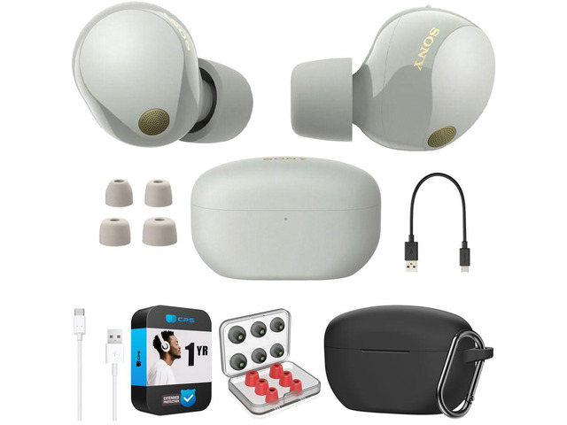 WF-1000XM5 Industry Leading Noise Canceling Truly Wireless Earbuds (Silver) Bundle with Silicone Case (Black), Memory Foam Ear Tips, USB-A to USB-C...