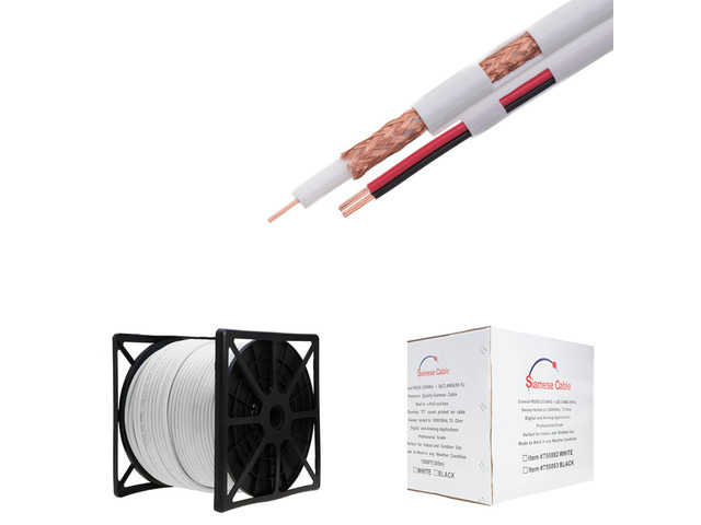 1000ft RG59/U Siamese CCTV Cable 20AWG Coaxial + 18/2 Power Conductors, 95% Shielded Bulk Cable for Analog Security Camera Installations, White