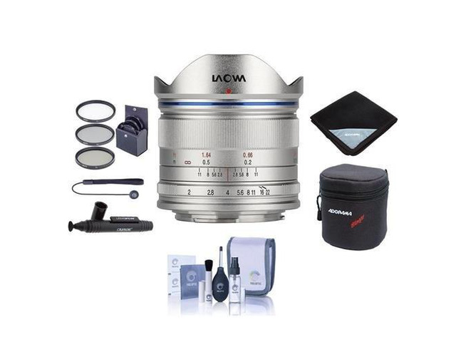 venus laowa 7.5mm f/2 lens for micro four thirds mount, silver bundle with 46mm filter kit, lens case, cleaning kit, lens wrap, capleash ii,...