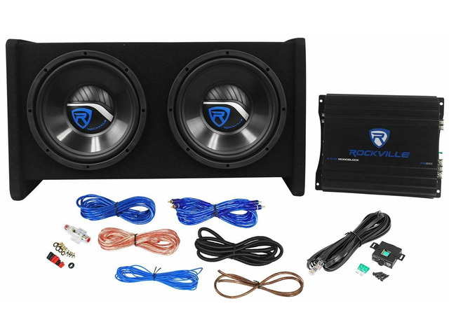 Rockville RV10.2B 1000w Dual 10' Car Subwoofer Enclosure+Mono Amplifier+Amp Kit