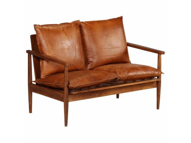 Photos - Sofa VidaXL 2-Seater  Real Leather with Acacia Wood Brown 246482 