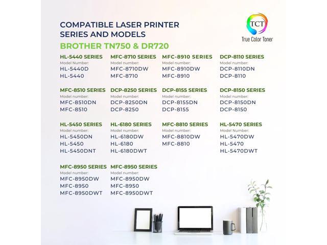 TCT TN750 Toner Cartridge 2 Pack and DR720 Drum Unit - Premium Compatible Replacements for Brother HL-5440D 5450 6180 MFC-8510 8950 DCP-8110 8250
