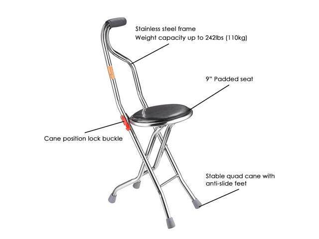 Medical Folding Walking Stick Seat Four Legged Portable Travel Hiking Cane Chair Stool