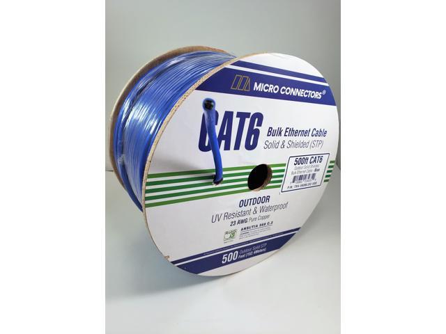 Micro Connectors 500FT Solid Shielded (STP) CAT6 Outdoor, UV Resistant Bulk Ethernet 23AWG Cable - Blue (TR4-560BLOU-500)