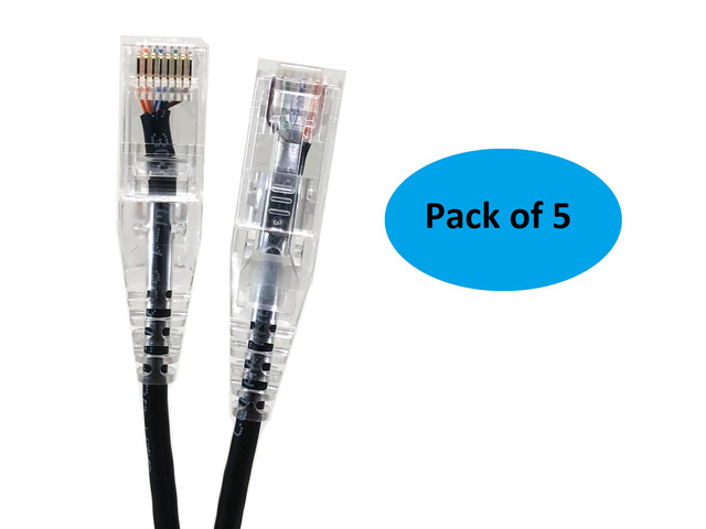 Micro Connectors (E08-050B-SLIM-5) Ultra Slim 50 Feet (28AWG) CAT 6 UTP RJ45 Patch Cables, Pack of 5, Color-Black