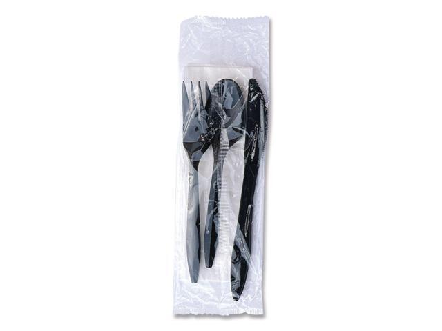 Four-Piece Cutlery Kit Mediumweight Fork/Knife/Napkin/Spoon Plastic 6.38' Black 250/Carton BWK4KITBLPP