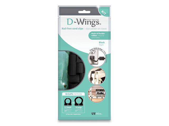 D-Wings Nail-Free Cord Clips 12 Small 0.38 Six Large 0.5' Black 18/Pack UTWD18BK
