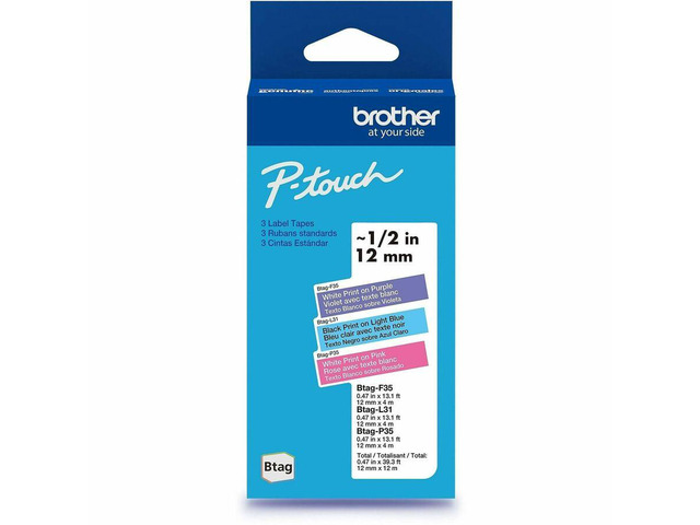 Brother P-touch Btag Label Tape, BTAG3M02, 0.47 in by 13.1 ft, White on Purple, Black on Light Blue, White on Pink, 3-Pack