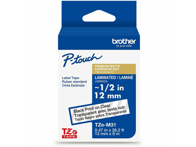 Brother Genuine P-touch TZeM31 BK on CLR Label Tape Premium Matte Laminated 12mmX8m
