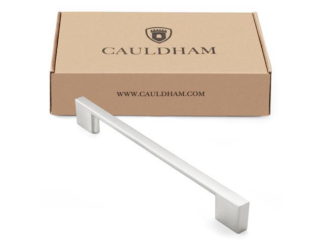 Cauldham 10 Pack Solid Kitchen Cabinet Pulls Handles (6-5/16' Hole Centers) - Modern Thin Profile Drawer/Door Hardware - Style M255 - Satin Nickel