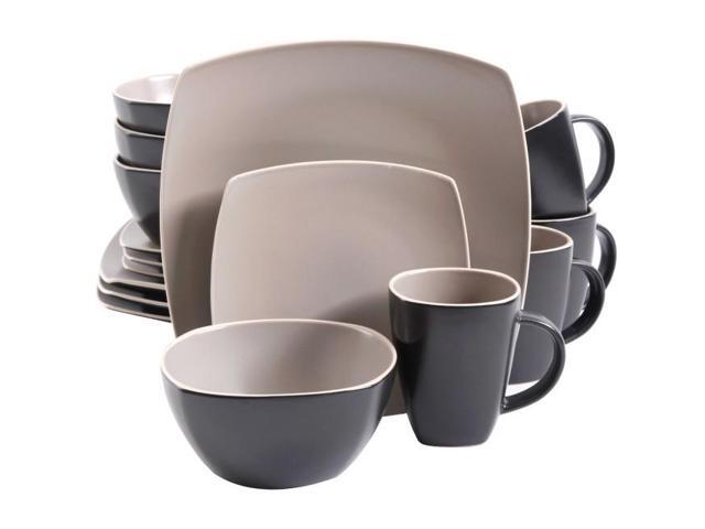 Gibson Home Soho Lounge Matte 16 Piece Dinnerware Set, Taupe/Black