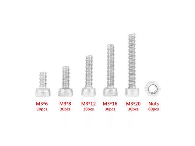 210pcs/set M3 304 Stainless Steel Hex Socket Cup Head Bolt Screws Nuts Assortment Kit Woodworking Tools Hardware