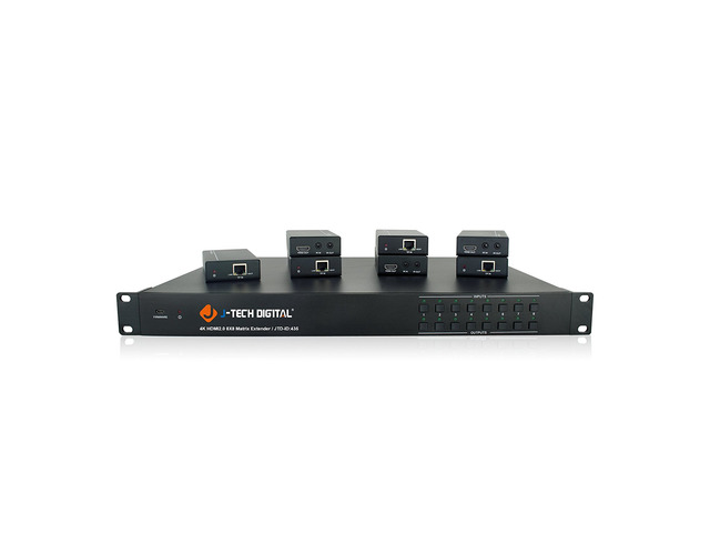 J-Tech Digital 4K@60HZ 8x8 HDBaseT Matrix with 7 Receivers (PoC), Supports 4Kx2K@60HZ 4:2:0, HDCP 2.2 IR, SPDIF, RCA, TCP/IP, RS232, EDID with...