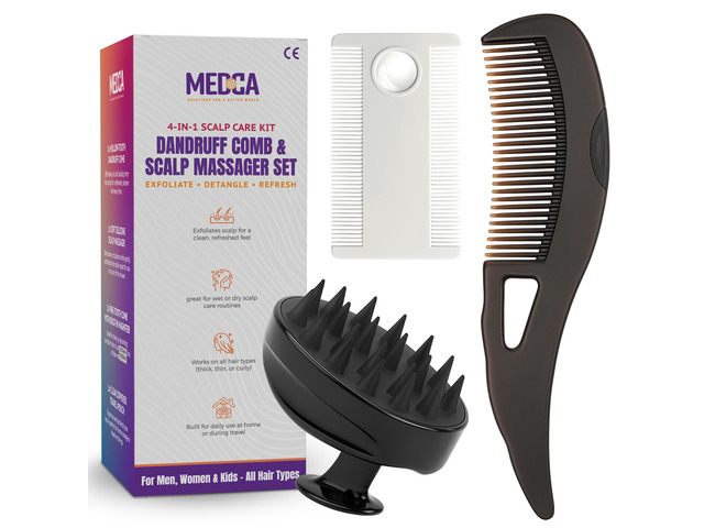 Dandruff Comb and Scalp Massager Set - (4 Piece Set) Exfoliating Hair Tool Kit with Fine Tooth Comb, Silicone Scrubber, Travel Case - Flake &...