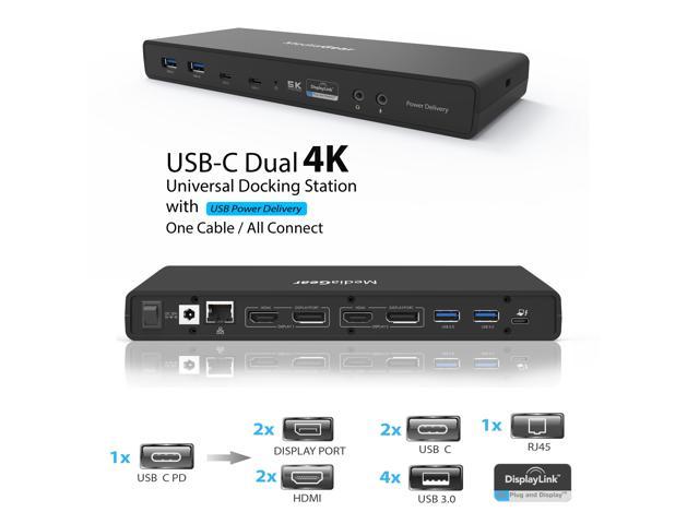 USB C Dual 4K Dock w/ Laptop Power Delivery: Dual Display 2X HDMI + 2X DisplayPort, 4X USB A 3.0, 2X Type C, Gigabit Ethernet LAN, Audio+Mic Jack.