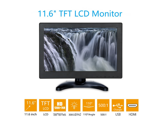 Nexanic 12 inch Monitor TFT HD 1366x768 with Video Audio AV VGA BNC USB HDMI 11.6 inch Display for CCTV Camera PC DVD Laptop