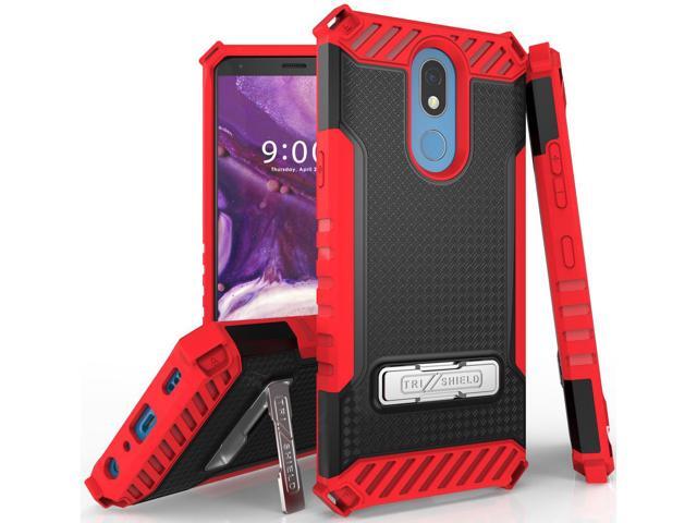 Red Tri-Shield Rugged Case Cover Kickstand Lanyard for LG K40, Solo, K12 Plus