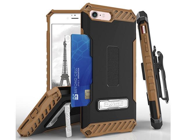 BROWN CASE KICKSTAND CARD SLOT COVER + STRAP + BELT CLIP HOLSTER FOR iPHONE 8/7